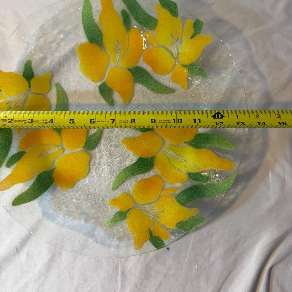 Large Fused Art Glass Platter Yellow Lily Floral Textured 14